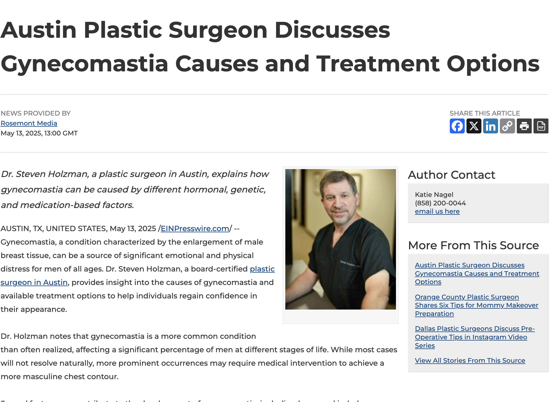 Dr. Steven Holzman, a plastic surgeon in Austin, explains the different potential causes and treatment associated with gynecomastia