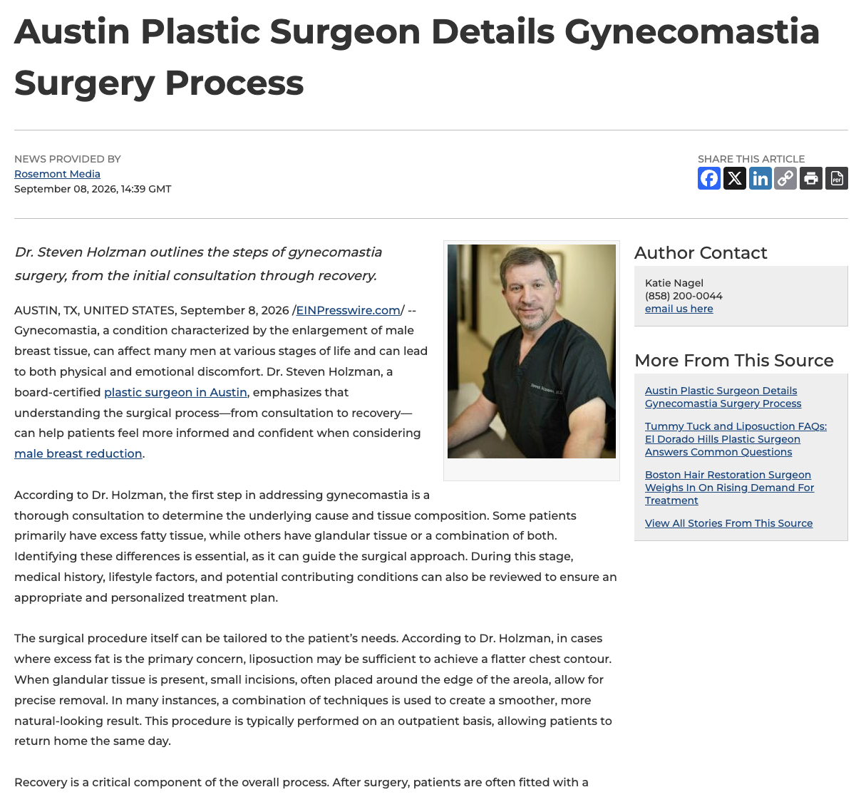 Dr. Steven Holzman, a board-certified Austin plastic surgeon, outlines gynecomastia surgery, from the initial consultation to recovery.